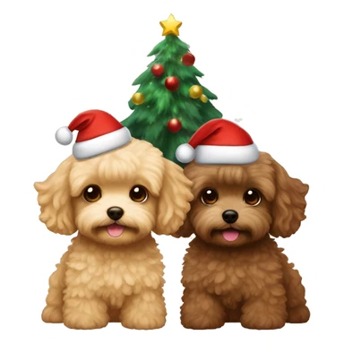 Brown, beige colored Maltipoo with Christmas hat and Christmas tree Christmas lights and a brown haired boy and blond long haired girl in the background  sticker
