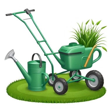 Lawn mower, rake, and watering can grouped together with a few grass clippings sticker