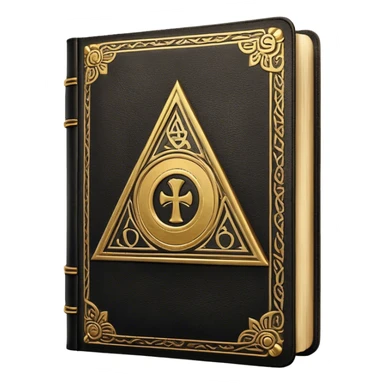 A black and gold book with an aged leather texture, embossed with an alchemical symbol, a compass, or a forging hammer, exuding wisdom, mastery, and the relentless pursuit of greatness. - book on mastery ... silhouette of a triangle  sticker
