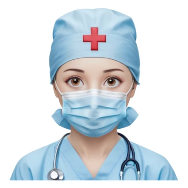 "A minimalistic bust of a surgeon wearing a light blue surgical cap and mask, covering the lower half of the face. The eyes are simple yet expressive, conveying focus and professionalism. The figure is dressed in a smooth, clean surgical gown with a small red cross emblem on the chest. A thin, simplified stethoscope drapes around the neck. The background features a subtle, abstract medical symbol like a heartbeat line or a small scalpel icon. The design is sleek and modern, with smooth lines and soft shading, following a minimalist emoji style sticker