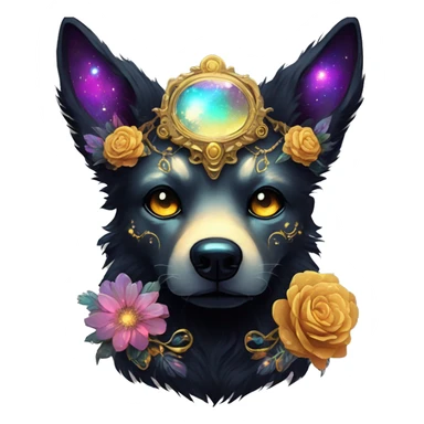 Black iridescent fluffy dog fox head zombie skull skeleton gold mechanical nebula galaxy stars colorful flowers fairy lights vintage sticker