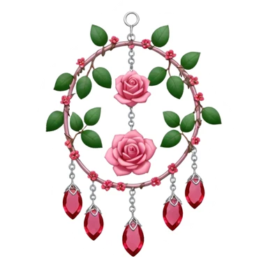 Rose-pink-metal-chained rose-quartz-crystallic romantic delicate fine pretty suncatcher  with tiny red roses, silvery vines, tiny quartz crystals, sticker