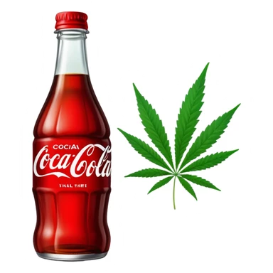 Curved red glass bottle similar to Coca-Cola style with a green cannabis leaf printed on it and a label sticker