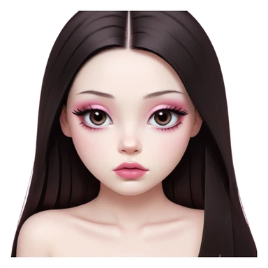 girl with white skin, dark brown long realistic straight hair with middle part prominently falling in front of her body over her shoulders, very big pouty extremely glossy ultra-shiny lips with nude reddish-pink lip gloss and absolutely no cupid's bow, big round eyes with very black shiny eyeballs and huge eyelashes, no eyeshadow, pink blush on cheeks, lighter button nose, exceptionally elongated very long oval-shaped face, wearing a pink off-shoulder top, looking directly at camera with hands down at sides sticker