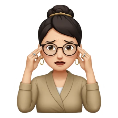  middle aged woman with dark hair pulled up in a high bun, wearing round ring earrings and glasses with a very painful expression on her face, eyes squeeed shut, wincing in pain,covering her ears with her hands, trying to not hear a terribly loud noise sticker