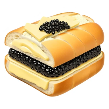 Apple style 3D emoji of a luxurious black caviar sandwich. A thick slice of fresh white baguette with a generous layer of creamy yellow butter, topped with a mountain of glistening, shiny black sturgeon caviar. premium aesthetic. sticker