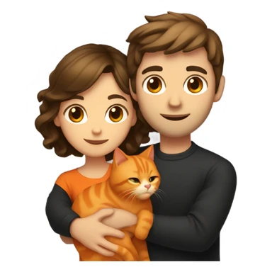 a light brunette woman with medium-long brown hair and a brunette man with short black hair hugging an orange cat sticker