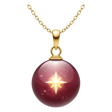 A polished round ball wine granite pendant suspended from a delicate gold chain, like a drop of enchanted starlight, glowing with the warmth of passion and the quiet power of transformation ethereal floating magical moving sticker