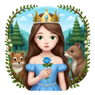 a 12 year old girl with shinny long brown hair and pretty green eyes with pale skin wearing a sky blue gown in a beautiful forest with adorable animals and stunning roses and lilacs surrounding her as she smells the only sky blue rose she is also wearing a crown that has pearls sticker