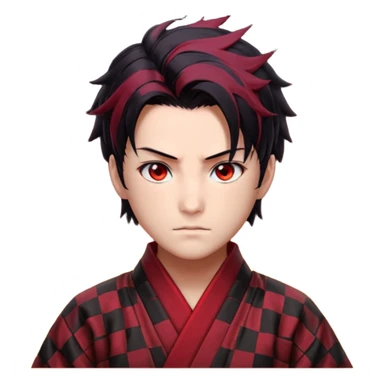 “Tanjiro Kamado, burgundy eyes, black hair with red tips, ember-textured scar, checkered haori, ultra-detailed anime realism, sharp strands, glowing highlights, 8k cinematic look.” sticker