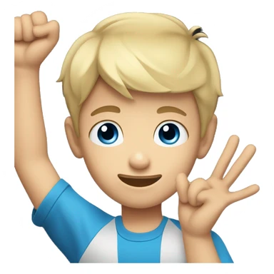 Young Caucasian boy with short black hair and blue eyes raising his hand against a black background sticker