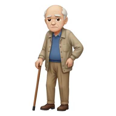 Old man leaning on a walking cane and holding his crancky back with his hand, grumpy face, detailed sticker