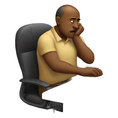 man sitting at a wooden work desk in office chair slumped and looking frustrated sticker