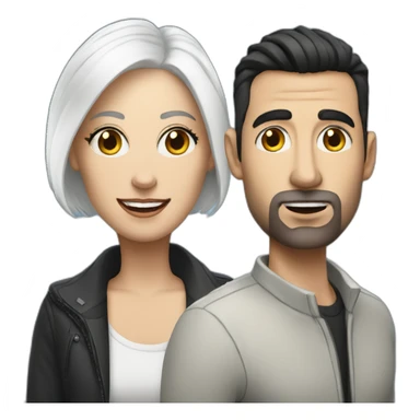 White man with dark hair next to a white woman with very short white hair, podcasting with mics and a MacBook sticker