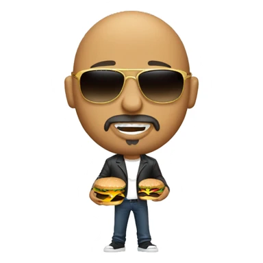 A bald guy with a goatee wearing sunglasses and a gold chain holding a hamburger  sticker