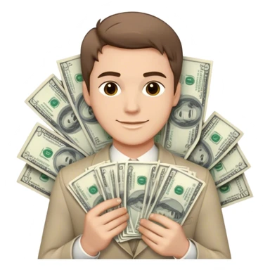 Confident young man with light skin and short brown hair, smirking while holding two thick stacks of cash. Detailed bills, minimalistic yet luxurious background sticker