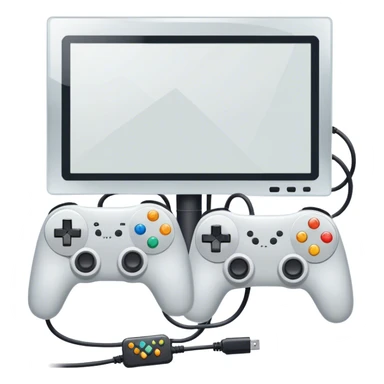 An icon showing two monitors with gaming interfaces, connected by a wire. Each monitor displays a different game screen, with two gamepads placed nearby, symbolizing multiplayer gameplay. transparent background. sticker