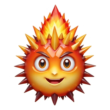 spiky mineral rock characterA single spiky crystal rock character, compact and round with many chunky flame-like spikes, glowing red–orange–yellow gradient like fire, faceted crystal texture, cute face with big shiny eyes and excited smile,

 sticker