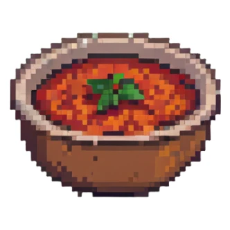 pixel art bowl of red tomato chutney with garlic sticker