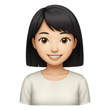 30 yr old asian woman center parted hair big eyes big smile tanned skin straight black hair hippie part hair white blouse shoulder length hair middle parted hair few short bangs at front sticker