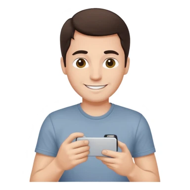 make a white guy with dark brown hair repairing an iphone happy, with a simple white o grey shirt sticker