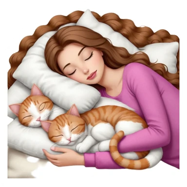 girl with long wavy brown hair, brown eyes, long lashes makeup, sexy pink lips, light to medium complexion,  sleeping on a cozy pillow, with 6 cats: 1 brown and white tabby cat, 1 ginger and white, 2 grey and white, 1 grey with white mittens and small white patch on chest and 1 calico, sleeping sticker