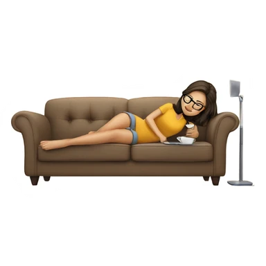 brunette girl laying on a cream colored couch with brown pillows with glasses on and a laptop on small table in front with coffee cup on mouse pad sticker