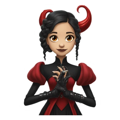 surprised Lavish black evening gown with see-through gloves, Jenna Ortega as Addams girl Jedi wearing a steampunk mini tiara, very large blood red evil-looking horned dragon sticker