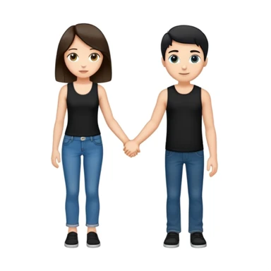 A girl with long brown hair holding the hand of a boy with short black hair, she wearing a black tank top with flared blue jeans, he wearing a black t-shirt with grey jeans, couple in love sticker