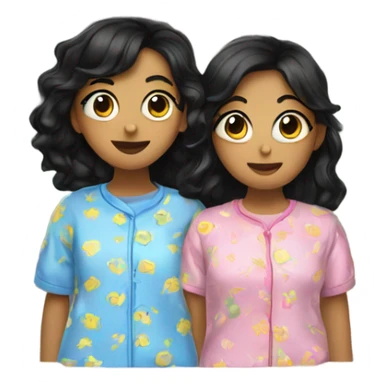 two girls with black hair in pajamas by window sticker