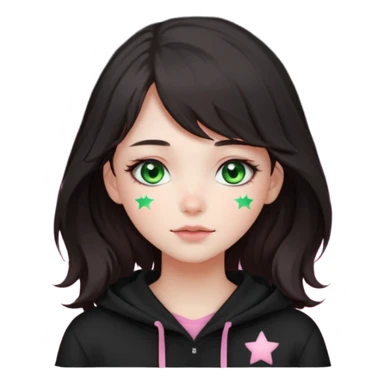 A cute girl with white skin, dark wavy hair just below her shoulders, green eyes, fair skin, a soft pink blush, and burning stars in her eyes. She has a thin neck and is wearing a black hoodie. The girl has long bangs styled on both sides of her face. sticker