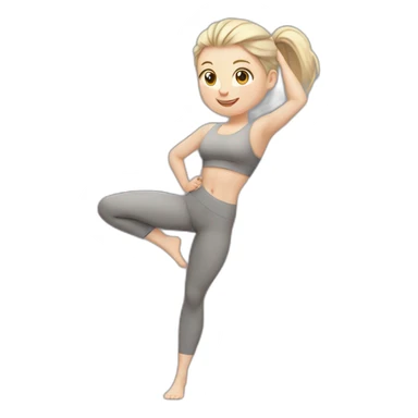 Pale skinned fit woman In a gray tight yoga suit With ash blonde hair in a ponytail doing yoga sticker