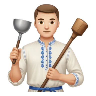 Ukrainian man wearing traditional white embroidered shirt (vyshyvanka) holding a hammer in one hand and a kitchen ladle in the other hand sticker
