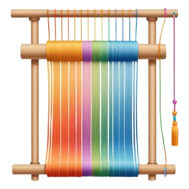 Create an icon that represents the hobby of weaving. The design should include a loom, threads, and a partially woven fabric, along with a piece of colorful fabric and sewing patterns. Include a representation of finished clothing, like a simple shirt or dress, made from the woven fabric. The composition should feel balanced and harmonious, reflecting the creative and intricate process of weaving and sewing. The background should be transparent. sticker