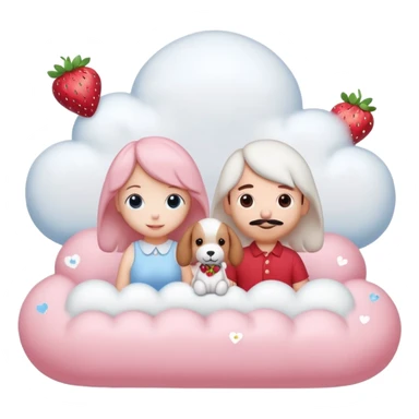  Couple DP in AI emoji style with Cinnamoroll and Snoopy. Both wear strawberry-themed accessories, sitting together on a pastel pink cloud with hearts, sparkles, and strawberries around. Cute, soft, and romantic vibe. sticker