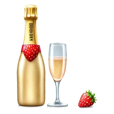 Realistic sparkling diamond glam bottle of champagne with matching skinny glass filled with the champagne with strawberry in the bottle of glass. sticker