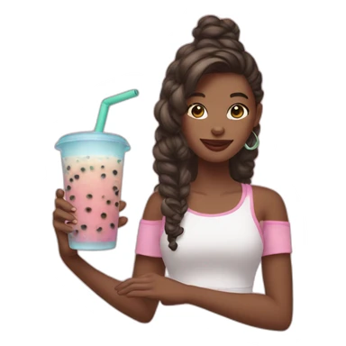 a girl holding an ipad and bubble tea sticker