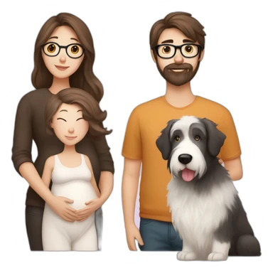 Pregnant girl with half long brown hair with glasses, a boy with long beard, glasses and short hair and english sheepdog sticker