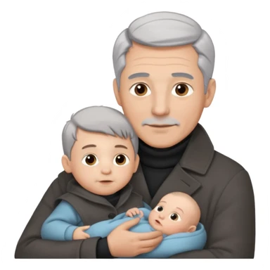 A father with silver-grey hair styled neatly and a clean-shaven face, wearing a dark turtleneck and wool coat, holding his baby sticker