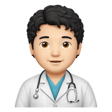 a young asian chubby male doctor with black long curly hair and cheerful face without gpasses sticker
