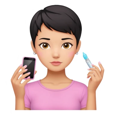 tan girl pink shirt with black hair & a pixie cut no earrings doing cute pastel colors skin care sticker