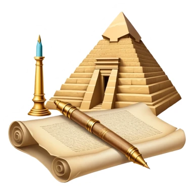An icon showing a rolled parchment scroll, a quill pen, and ancient landmarks like pyramids and columns in the background. The design symbolizes the study of past civilizations, events, and heritage. Transparent background emphasizes the timeless exploration of human history. sticker