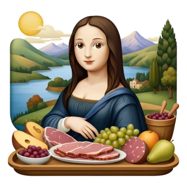  mona lisa with SPAM MEAT charcuterie and fruit tray renaissance landscape sticker