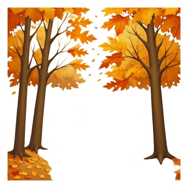 A peaceful autumn scene with golden and orange leaves gently falling from tall trees, soft sunlight filtering through the branches, leaves covering the ground, a gentle breeze in the air, cinematic atmosphere, warm color tones, 4K, ultra detailed, hyperrealistic, dreamy fall season landscape sticker