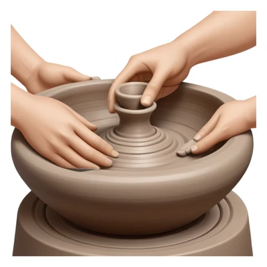 Two hands shaping a clay vessel on a silver pottery wheel, one hand inside and one hand outside the vessel, clean and focused view with no splashing clay sticker