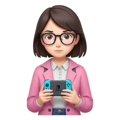 create an emoji of a sad brunette girl in glasses studio ghibli style holding a nintendo switch with a pink skin on it that is running fortnite sticker