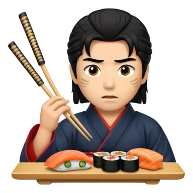 Man with wide eyes eating sushi in a samurai outfit wide eyes sticker