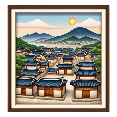 Cinematic Realistic Bukchon Hanok Village Landmark Emoji, depicted with traditional Korean houses set against a scenic backdrop rendered with detailed textures and warm, inviting lighting. sticker