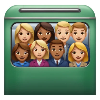 five happy people, mix of women and men, close together inside a subway car resembling Apple emoji subway, Apple emoji style sticker