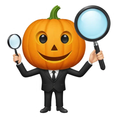 A pumpkin smiling at a magnifying glass (the magnifying glass has a suit thats black, the magnifying glass also has one eye in the middle turn the magnifying glass into a living person give the magnifying glass Normal looking eyes and give it actual arms and legs  sticker